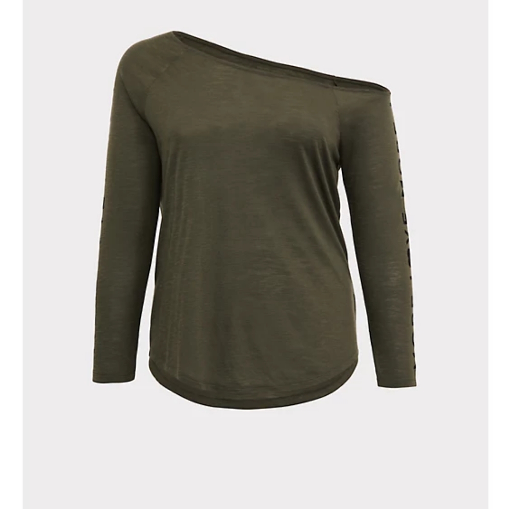 Torrid 4x "MORE LOVE" OLIVE GREEN OFF SHOULDER TEE